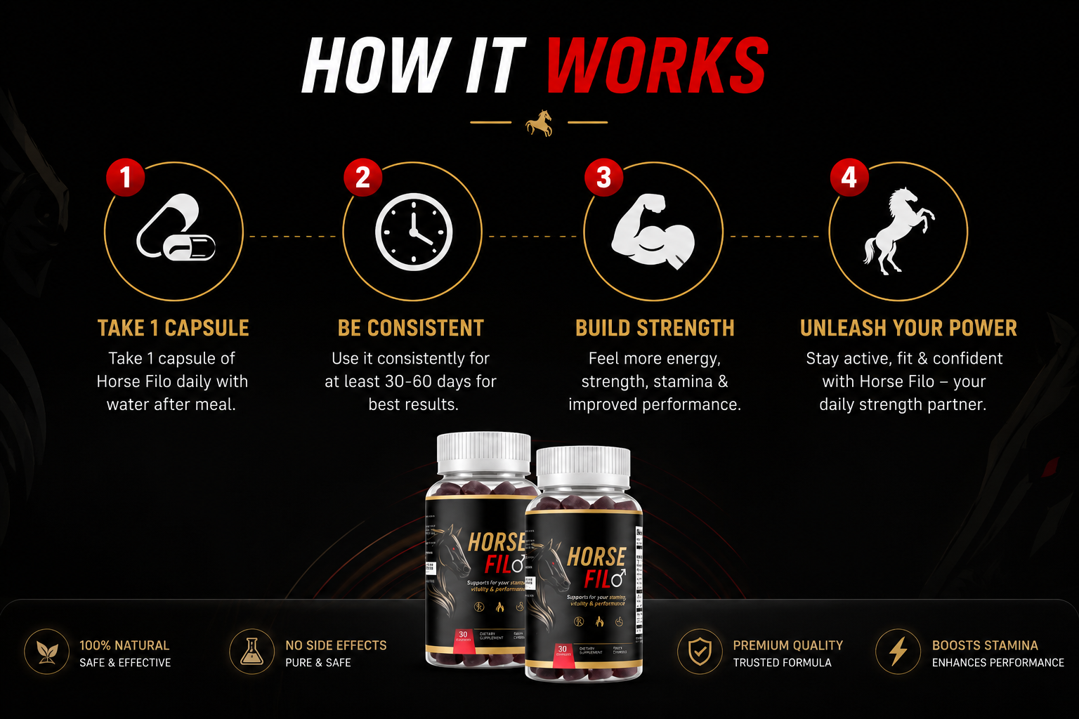 How HorseFil works: take one gummy, be consistent, build strength, unleash your power